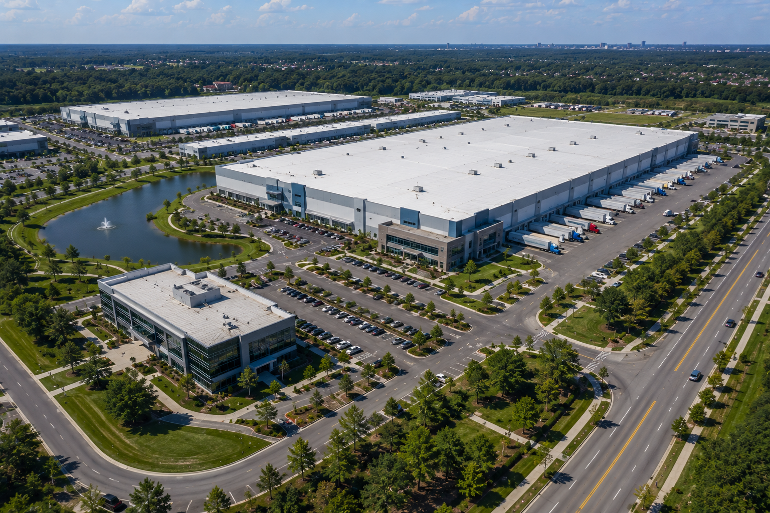Aerial view of a large commercial development and logistics site